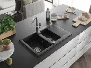MEXEN/S MEXEN/S - Gaspar granitový drez 1.5 s odkvapkávačom vrátane batérie Flora, čierna/strieborná 6507-73-670401-00