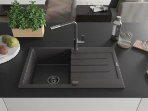 MEXEN/S MEXEN/S - Bruno granitový drez 1 s odkvapkávačom vrátane batérie Flora, čierna kropenatá 6513-76-670401-08-B