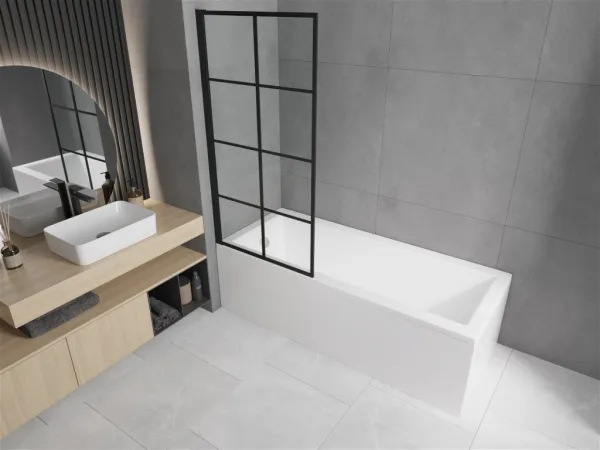 MEXEN/S - Cubik obdĺžniková vaňa 160 x 70 cm s panelom + vaňová zástena 80, čierna vzor fix 550316070X9308007077