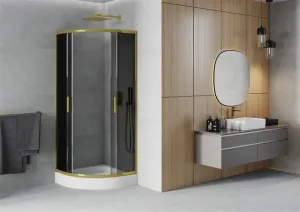 MEXEN/S - Rio sprchovací kút štvrťkruh 90 x 90, grafit, zlatá + vanička Rio, biela - 863-090-090-50-40-4710 863-090-090-50-0-4710