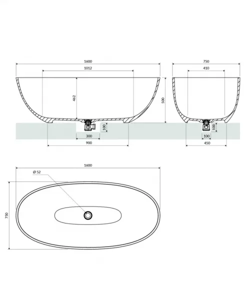 OMNIRES - SHELL M+ voľne stojaca vaňa,, 160 x 75 cm, šedá/popol SHELLWWAG