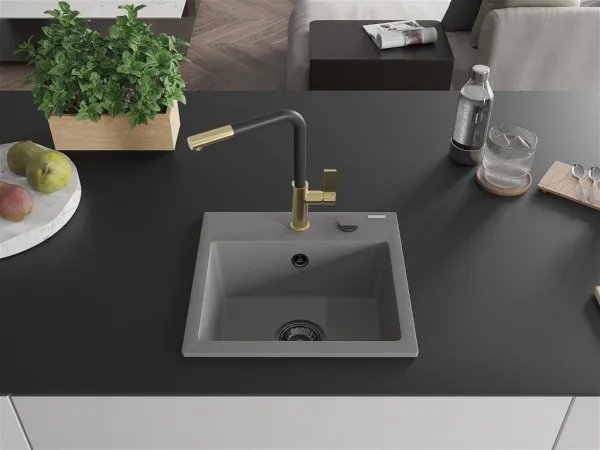 MEXEN/S MEXEN/S - Milo granitový drez 1-miska vrátane batérie Flora, šedá 6505-71-670401-57-B