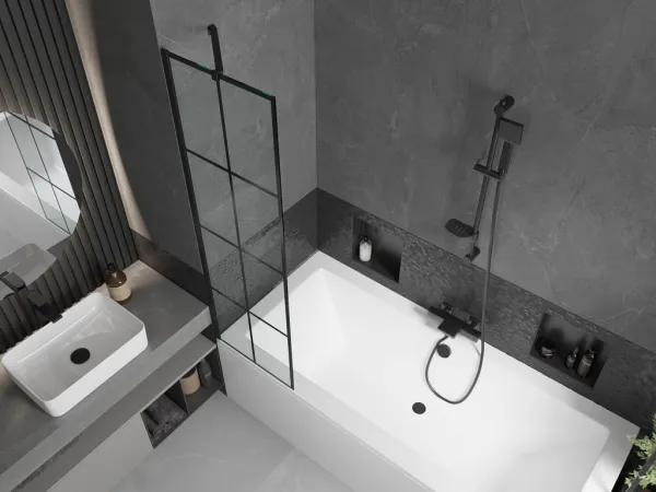 MEXEN/S - Cube obdĺžniková vaňa 170 x 80 cm s panelom + vaňová zástena 50, čierna vzor 550517080X9505007077