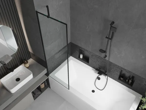 MEXEN/S - Cube obdĺžniková vaňa 170 x 80 cm s panelom + vaňová zástena 60, čierna vzor 550517080X9506007070