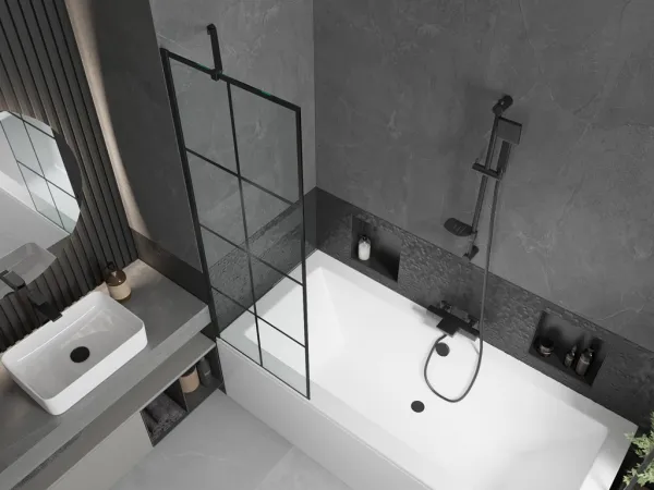 MEXEN/S - Cube obdĺžniková vaňa 170 x 80 cm s panelom + vaňová zástena 60, čierna vzor 550517080X9506007077