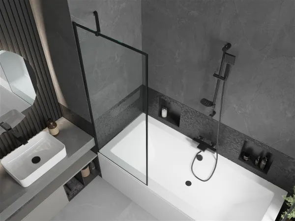 MEXEN/S - Cube obdĺžniková vaňa 170 x 80 cm s panelom + vaňová zástena 70, čierna vzor 550517080X9507007070