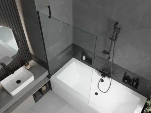 MEXEN/S - Cube obdĺžniková vaňa 170 x 80 cm s panelom + vaňová zástena 100, transparent, čierna 550517080X9510000070