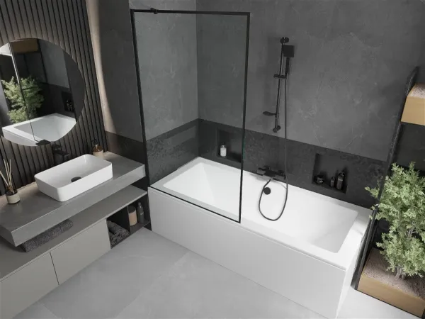 MEXEN/S - Cube obdĺžniková vaňa 170 x 80 cm s panelom + vaňová zástena 100, čierna vzor 550517080X9510007070