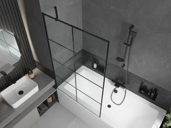 MEXEN/S - Cube obdĺžniková vaňa 170 x 80 cm s panelom + vaňová zástena 100, čierna vzor 550517080X9510007077