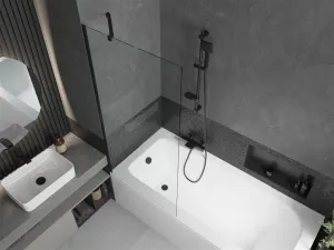 MEXEN/S - Vega obdĺžniková vaňa 150 x 70 cm s panelom + vaňová zástena 80, transparent, čierna 550115070X9508000070