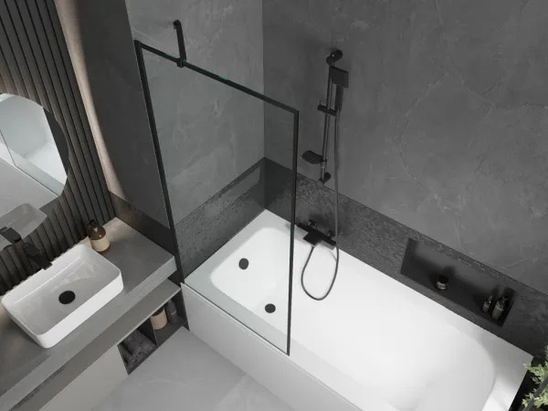 MEXEN/S - Vega obdĺžniková vaňa 170 x 70 cm s panelom + vaňová zástena 80, čierna vzor 550117070X9508007070