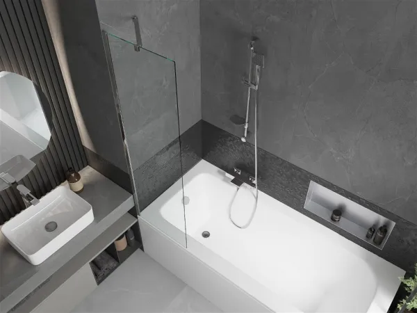MEXEN/S - Vega obdĺžniková vaňa 150 x 70 cm s panelom + vaňová zástena 50, transparent, chróm 550115070X9505000001