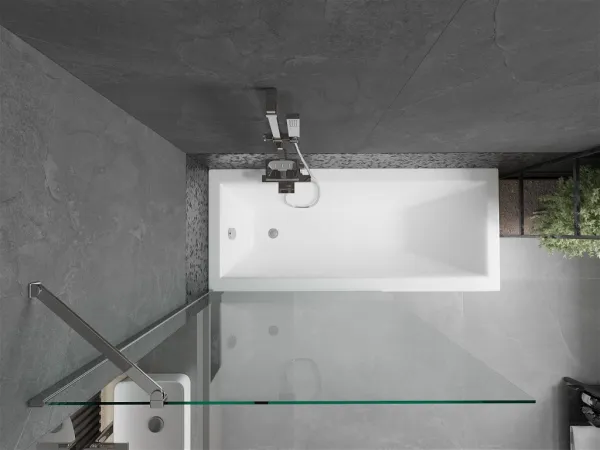 MEXEN/S - Cubik obdĺžniková vaňa 150 x 70 cm s panelom + vaňová zástena 100, transparent, chróm 550315070X9510000001