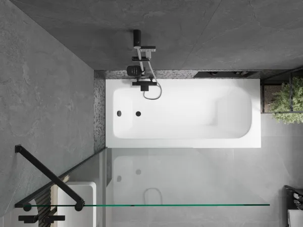 MEXEN/S - Vega obdĺžniková vaňa 150 x 70 cm s panelom + vaňová zástena 100, transparent, čierna 550115070X9510000070