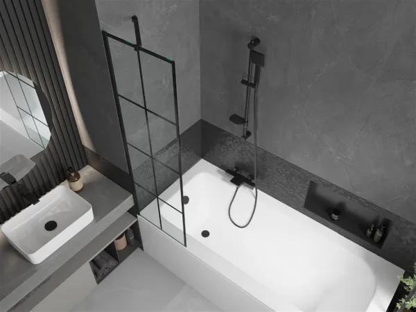 MEXEN/S - Vega obdĺžniková vaňa 170 x 70 cm s panelom + vaňová zástena 50, čierna vzor 550117077X9505007077