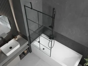 MEXEN/S - Cubik obdĺžniková vaňa 150 x 70 cm s panelom + vaňová zástena 90, čierna vzor 550315070X9509007077