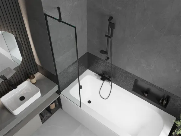 MEXEN/S - Vega obdĺžniková vaňa 150 x 70 cm s panelom + vaňová zástena 50, čierna vzor 550115070X9505007070
