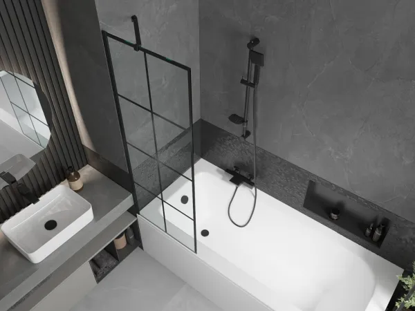 MEXEN/S - Vega obdĺžniková vaňa 150 x 70 cm s panelom + vaňová zástena 60, čierna vzor 550115070X9506007077
