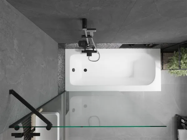 MEXEN/S - Vega obdĺžniková vaňa 160 x 70 cm s panelom + vaňová zástena 100, transparent, čierna 550116070X9510000070