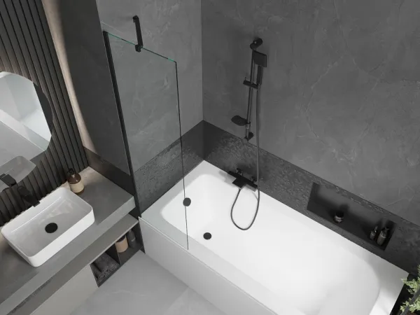MEXEN/S - Vega obdĺžniková vaňa 170 x 70 cm s panelom + vaňová zástena 50, transparent, čierna 550117070X9505000070
