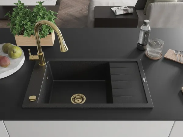 MEXEN/S MEXEN/S - Elias granitový drez 1 s odkvapkávačom vrátane batérie Elia, čierna/strieborná metalík 6511-73-670101-50