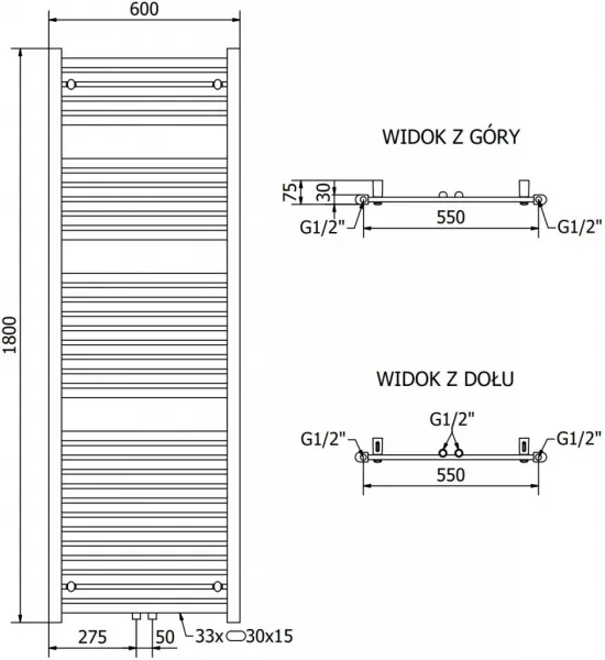 MEXEN - Hades vykurovací rebrík/radiátor 1800 x 600 mm, 988 W, antracit W104-1800-600-00-66