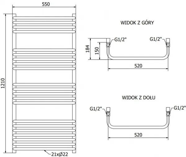 MEXEN - Apollo vykurovací rebrík/radiátor 1210 x 550 mm, 638 W, čierna W117-1210-550-00-70