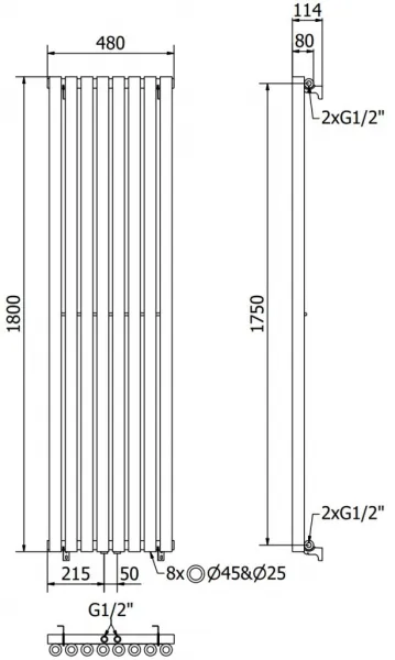MEXEN - Nevada vykurovací rebrík/radiátor 1800 x 480 mm, 940 W, čierny W201-1800-480-00-70