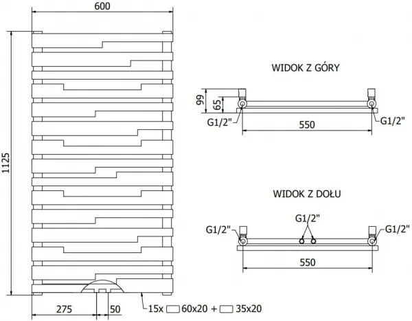 MEXEN - Provo vykurovací rebrík/radiátor 1125 x 600 mm, 799 W, čierny W209-1125-600-00-70