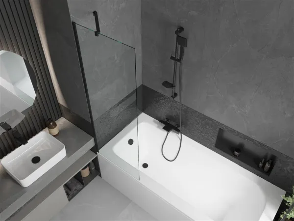 MEXEN/S - Vega obdĺžniková vaňa 150 x 70 cm s panelom + vaňová zástena 60, transparent, čierna 550115070X9506000070