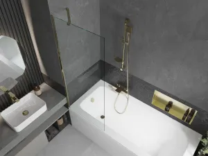 MEXEN/S - Vega obdĺžniková vaňa 150 x 70 cm s panelom + vaňová zástena 70, transparent, zlatá 550115070X9507000050