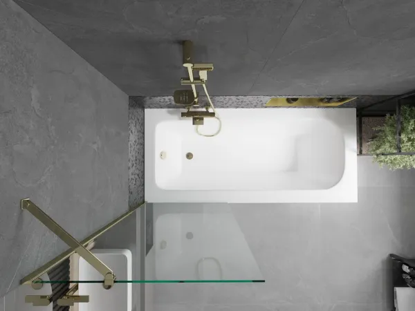 MEXEN/S - Vega obdĺžniková vaňa 150 x 70 cm s panelom + vaňová zástena 70, transparent, zlatá 550115070X9507000050