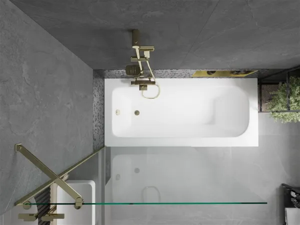 MEXEN/S - Vega obdĺžniková vaňa 160 x 70 cm s panelom + vaňová zástena 100, transparent, zlatá 550116070X9510000050