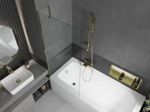 MEXEN/S - Vega obdĺžniková vaňa 150 x 70 cm s panelom + vaňová zástena 80, transparent, zlatá 550115070X9508000050