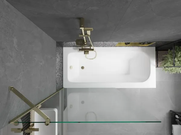 MEXEN/S - Vega obdĺžniková vaňa 150 x 70 cm s panelom + vaňová zástena 100, transparent, zlatá 550115070X9510000050