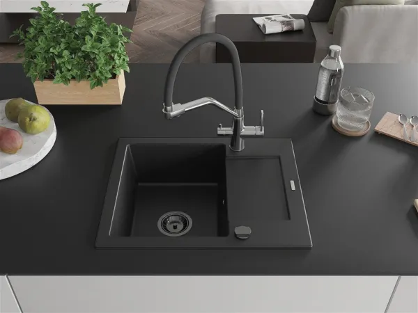MEXEN/S MEXEN/S - Enzo granitový drez s odkvapkávačom vrátane batérie Duo, čierna 6506-77-671701-07-B