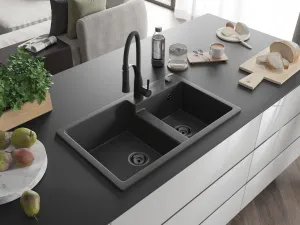 MEXEN/S MEXEN/S - Tomas granitový drez 2-bowl vrátane batérie Aster, čierna kropenatá 6516-76-73450-70-B