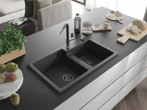 MEXEN/S MEXEN/S - Tomas granitový drez 2-bowl vrátane batérie Flora, čierna kropenatá 6516-76-670401-07-B