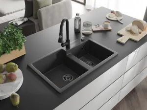 MEXEN/S MEXEN/S - Tomas granitový drez 2-bowl vrátane batérie Elia, čierna kropenatá 6516-76-670101-70-B