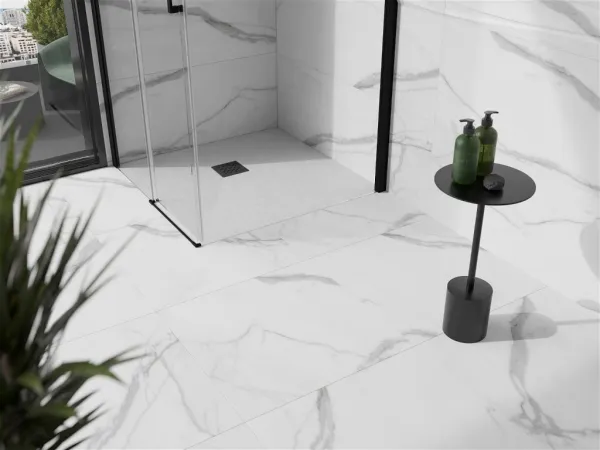 MEXEN/S - Stone+ štvorcová sprchová vanička 100 x 100, biela, mriežka čierna 44101010-B