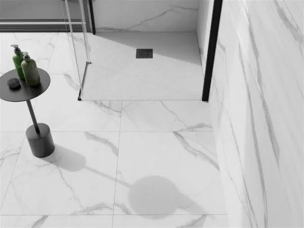 MEXEN/S - Stone+ štvorcová sprchová vanička 100 x 100, biela, mriežka čierna 44101010-B