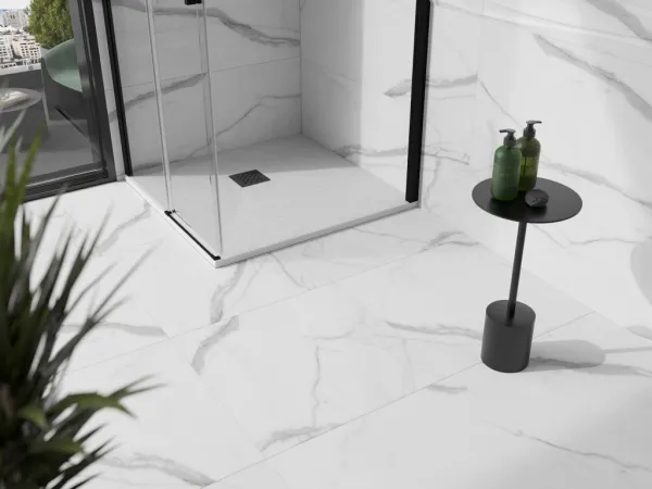 MEXEN/S - Stone+ štvorcová sprchová vanička 100 x 100, biela, mriežka čierna 44101010-B
