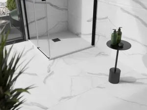 MEXEN/S - Stone+ štvorcová sprchová vanička 100 x 100, biela, mriežka čierna 44101010-B