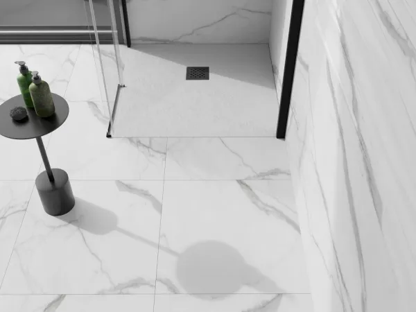 MEXEN/S - Stone+ štvorcová sprchová vanička 80 x 80, biela, mriežka čierna 44108080-B