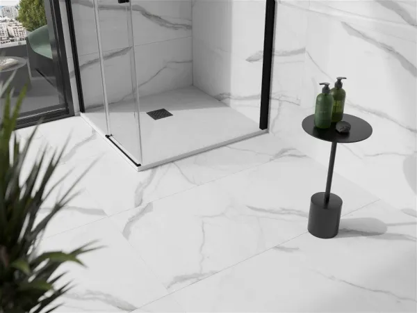 MEXEN/S - Stone+ štvorcová sprchová vanička 80 x 80, biela, mriežka čierna 44108080-B