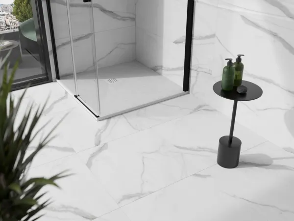 MEXEN/S - Stone+ štvorcová sprchová vanička 70 x 70, biela, mriežka biela 44107070-W