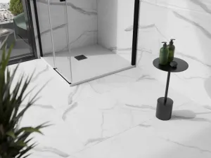 MEXEN/S - Stone+ štvorcová sprchová vanička 90 x 90, biela, mriežka čierna 44109090-B