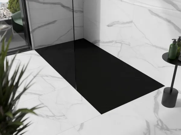MEXEN/S - Stone+ obdĺžniková sprchová vanička 180 x 70, čierna, mriežka čierna 44707018-B