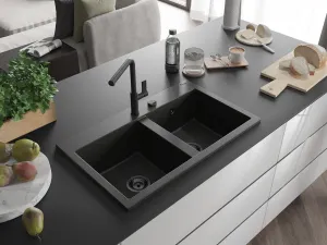 MEXEN/S MEXEN/S - Hektor granitový drez 2-bowl 800 x 480 mm, čierna/zlatá metalik, čierny sifón 6521802000-75-B