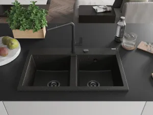 MEXEN/S MEXEN/S - Hektor granitový drez 2-bowl 800 x 480 mm, čierna/zlatá metalik, čierny sifón 6521802000-75-B
